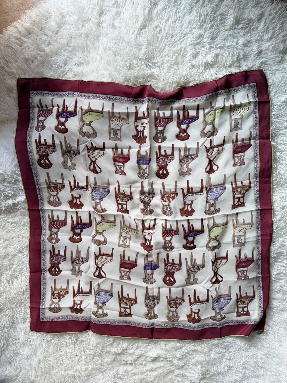 FENDI Silk Scarf with Chair Motif in Cream and Burgundy